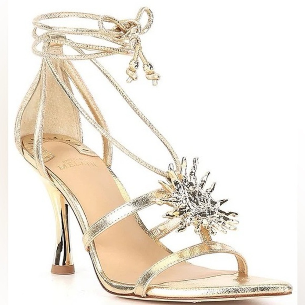 NWT Antonio Melani Patrice Metallic Leather Sun Ornament Dress Sandals Sz 9,5